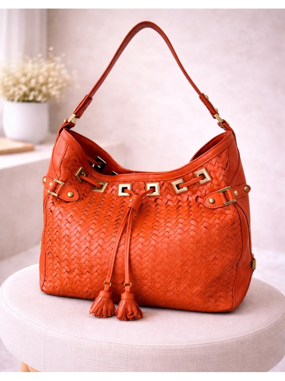 Cole Haan Orange woven Leather Shoulder Bag structured hobo bag - Picture 13 of 13